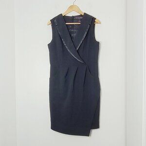 Elena Wang Classic Black Satin V-Neck Trim Pockets Sleeveless Faux Wrap Dress S